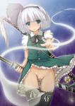  blue_eyes bow bowtie dress_shirt hairband highres hitodama katana konpaku_youmu konpaku_youmu_(ghost) natsume_riu no_panties panties panty_pull pussy pussy_juice shirt short_hair silver_hair skirt skirt_lift solo sword tears thighhighs touhou underwear vest weapon white_hair wind wind_lift 