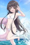  1girl :d absurdres arm_at_side bare_shoulders barefoot bikini black_hair blue_sky blush breasts collarbone commentary_request curvy day floating_hair foot_out_of_frame green_eyes groin hair_between_eyes halterneck hand_up happy highres holding holding_swim_ring long_hair looking_at_viewer midriff natsume_ai navel open_mouth outdoors pink_innertube rainbow ribbon sakura_no_toki sky small_breasts smile soaking_feet solo sparkle splashing standing standing_on_one_leg stomach straight_hair swim_ring swimsuit takoyaki032002 thighs very_long_hair water water_drop wet white_bikini white_ribbon wrist_ribbon 