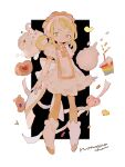  1girl arms_at_sides asuka_momoko blonde_hair brown_eyes cake cake_slice character_name closed_mouth commentary cookie dress food full_body hair_rings long_hair looking_at_viewer magical_girl maid_headdress ojamajo_doremi puffy_short_sleeves puffy_sleeves rainbow_cake ronoh_(jill) shoes short_sleeves smile solo standing symbol-only_commentary white_dress 