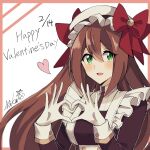  1girl blush brown_hair dated green_eyes happy_valentine heart heart_hands highres iris_(mega_man) long_hair looking_at_viewer maid mega_man_(series) mega_man_x_(series) mika_izxra ribbon signature solo valentine white_headwear 