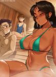  1boy 2girls ahoge bikini black_hair blue_one-piece_swimsuit blush breasts brooke_(mathias_leth) brown_hair cleavage commentary covered_navel covered_nipples covering_own_eyes dark-skinned_female dark_skin drooling english_commentary eyebrow_piercing hand_over_eye hot kim_(mathias_leth) large_breasts linea_alba long_hair looking_at_another mathias_leth micro_bikini mixed-sex_bathing multiple_girls navel nose_blush one-piece_swimsuit original paid_reward_available piercing plunging_neckline sauna shared_bathing sitting small_breasts solo_focus strap_gap swimsuit toned underboob variant_set very_dark_skin 