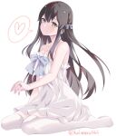  1girl black_hair blue_bow bow brown_eyes closed_mouth dress heart highres jewelry kantai_collection kukimaru long_hair mamiya_(kancolle) on_floor ring simple_background sitting solo spoken_heart wedding_dress wedding_ring white_background white_dress 