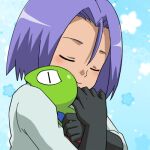  1boy black_gloves blue_background blue_hair closed_eyes gloves hug james_(pokemon) kurumi_(forte) lowres male_focus pokemon pokemon_(anime) pokemon_(creature) pokemon_xy team_rocket zygarde zygarde_core 