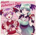 2girls apron ascot demon_girl dress frilled_apron frilled_dress frills green_hair happy_valentine head_wings highres holding lilith_aensland morrigan_aensland multiple_girls one_eye_closed open_mouth purple_hair red_eyes skm_nnm smile valentine vampire_(game) white_ascot wings 