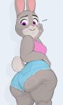 anthro big_butt bonnie_hopps bottomwear breasts butt clothed clothing cutoffs denim denim_bottomwear denim_clothing disney english_text female fur grey_body grey_fur hand_on_own_face hi_res lagomorph leporid long_ears looking_back mammal mature_anthro mature_female open_mouth portrait purple_eyes rabbit scut_tail short_tail shorts solo standing tail teeth text thick_thighs three-quarter_portrait topwear usnarbit zootopia