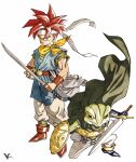  2boys bandana belt biceps black_footwear blue_tunic boots brown_belt cape chrono_trigger colored_sclera crono_(chrono_trigger) frog_(chrono_trigger) frog_boy green_cape green_eyes grey_pants headband highres holding holding_shield holding_sword holding_weapon initial kakeru_(dbskakeru) katana looking_at_viewer multiple_boys muscular muscular_male official_style pants red_footwear red_hair shield simple_background sleeveless spiked_hair sword toriyama_akira_(style) weapon white_background white_headband white_pants yellow_bandana yellow_sclera 