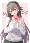  1girl :d akahi242 black_hair black_hairband black_skirt blush box brown_eyes collarbone commentary_request cowboy_shot hair_between_eyes hair_ornament hairband hairclip happy_valentine haruna_(kancolle) heart heart-shaped_box highres holding kantai_collection long_hair long_sleeves looking_at_viewer open_mouth simple_background skirt smile solo spoken_heart standing sweater twitter_username valentine very_long_hair white_sweater 