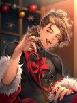  1boy black_shirt blonde_hair braid brown_hair chest_belt christmas_ornaments compression_shirt earrings fangs fur-trimmed_sleeves fur_trim goldbullet highres holding holding_ribbon holostars holostars_english jacket jacket_partially_removed jewelry long_hair looking_at_viewer male_focus multicolored_hair necklace open_mouth pencil ponytail red_jacket red_ribbon ribbon shirt slw2_07 smile snowflakes solo streaked_hair tongue tongue_out virtual_youtuber window yellow_eyes 