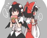  ... 2girls belt bird_wings black_belt black_bow black_bowtie black_gloves black_skirt black_wings bow bowtie box box_of_chocolates brown_eyes brown_hair feathered_wings frilled_bow frills gift gloves hair_bow hakurei_reimu hat heart-shaped_box holding holding_box holding_gift long_sleeves medium_hair multiple_girls pointy_ears pom_pom_(clothes) red_eyes red_headwear red_shirt red_skirt shameimaru_aya shirt shy sidelocks skirt skirt_set sleeveless sleeveless_shirt spoken_ellipsis sweatdrop tokin_hat touhou valentine white_shirt white_sleeves wide_sleeves wings yakousei_no_kame 