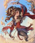  1girl blue_sky brown_eyes brown_hair freckles league_of_legends light_blush long_hair looking_to_the_side outdoors parted_lips phantom_ix_row ponytail rock sidelocks sky smile solo standing taliyah tan 