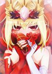 1girl bare_shoulders blonde_hair blush box braid breasts crown dragon_tail dress elbow_gloves facial_mark fate/grand_order fate_(series) french_braid gift gift_box gloves hair_bun hair_intakes heart-shaped_box highres long_hair looking_at_viewer nero_claudius_(fate) pointy_ears queen_draco_(fate) queen_draco_(first_ascension)_(fate) red_dress red_eyes scales shiushiu_kurauneru_plus single_glove small_breasts solo tail valentine white_gloves 