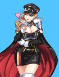  1girl azur_lane bismarck_(azur_lane) bismarck_(azur_lane)_(cosplay) black_cape blonde_hair blue_background blue_eyes breasts cape cleavage cosplay cowboy_shot english_commentary fur-trimmed_cape fur_trim hat heart highres hood_(azur_lane) large_breasts long_hair looking_at_viewer military military_hat military_uniform one_eye_closed open_mouth peaked_cap simple_background smile solo thighs uniform zer0z_vi 