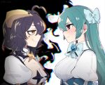  2girls ahoge an_sin aura bat_ornament black_hair blue_bow blue_bowtie blue_hair blue_skirt blush bow bowtie breasts brooch closed_mouth commentary_request cross-shaped_pupils cross_tattoo dark_aura demon_horns facial_tattoo forward_facing_horns from_side frown hair_bow half-closed_eyes heart heart_brooch high-waist_skirt highres hiiragi_utena horns jewelry looking_at_another magia_azul magia_baiser magical_girl mahou_shoujo_ni_akogarete messy_hair minakami_sayo multiple_girls pasties puffy_short_sleeves puffy_sleeves red_eyes shirt short_hair short_sleeves skirt small_breasts smile star_ornament sweatdrop symbol-shaped_pupils tattoo wavy_mouth white_shirt white_shrug yellow_eyes yellow_horns 