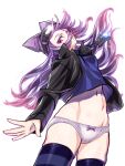  1girl absurdres black_jacket black_thighhighs digimon digimon_story:_cyber_sleuth digimon_story:_sunburst_and_moonlight digivice digivice_ic gerusyu goggles goggles_on_head hat highres jacket long_hair looking_at_viewer navel panties purple_eyes purple_hair sayo_(digimon) shorts simple_background skirt solo striped_clothes striped_thighhighs thighhighs underwear white_background white_panties 