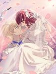  1boy 1girl absurdres arima_kana bird blonde_hair blue_eyes bob_cut bride carrying closed_mouth dress gloves groom happy_valentine highres hoshino_aquamarine inverted_bob kazemiowo light_smile oshi_no_ko princess_carry red_eyes red_hair ribbon shirt short_hair smile valentine wedding wedding_dress white_dress white_gloves white_shirt 