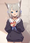  1girl :d absurdres animal_ear_fluff animal_ears bandaid bandaid_on_leg black_choker black_sweater blue_bow blue_eyes blue_neckerchief bow box choker collarbone commentary_request ear_piercing fang fox_ears fox_girl fox_tail getabako gift gift_box grey_hair hair_bow hair_ornament heart heart-shaped_box heart_hair_ornament highres hinata_(user_rjkt4745) holding holding_gift indoors long_sleeves looking_at_viewer neckerchief original piercing puffy_long_sleeves puffy_sleeves sailor_collar sleeves_past_wrists smile solo sweater tail valentine white_sailor_collar 
