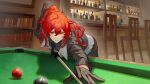  1boy artist_request ball billiard_ball black_gloves black_necktie black_shirt chair commentary_request diluc_(genshin_impact) genshin_impact gloves highres holding_cue_stick male_focus necktie pool_table red_hair second-party_source shirt solo table 