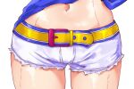  1girl animal_ears asake_ameji belt blue_shorts commentary_request cowboy_shot cutoffs daitaku_helios_(umamusume) horse_ears horse_girl looking_at_viewer midriff navel navel_focus shorts simple_background solo sweat umamusume white_background white_shorts yellow_belt 