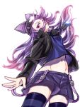  1girl black_jacket black_shorts digimon digimon_story:_cyber_sleuth digimon_story:_sunburst_and_moonlight digivice digivice_ic gerusyu goggles goggles_on_head hat highres jacket long_hair looking_at_viewer navel purple_eyes purple_hair sayo_(digimon) shorts skirt solo 