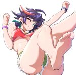  1girl arm_up ass barefoot blush bracelet breasts closed_mouth feet foot_focus foot_out_of_frame green_eyes green_shorts hori_shin indie_virtual_youtuber jewelry knees_together_feet_apart legs looking_at_viewer medium_breasts minori_yumeko multicolored_hair necklace one_eye_closed purple_hair red_hair revealing_clothes shadow short_hair shorts simple_background smile soles solo streaked_hair thighs toenails toes torn_clothes torn_shorts virtual_youtuber white_background 