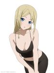  1girl :o armpit_crease bare_arms bare_shoulders black_camisole black_pants blonde_hair blue_eyes braid breasts camisole cleavage coro_fae dot_nose fanbox_username hayasaka_ai haysaca_a._smithee head_tilt highres kaguya-sama_wa_kokurasetai_~tensai-tachi_no_renai_zunousen~ leaning_forward light_blush long_hair looking_at_viewer medium_breasts midriff navel paid_reward_available pants parted_bangs parted_lips side_braid simple_background single_braid solo spaghetti_strap twitter_username web_address white_background yoga_pants 