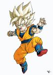  biceps blonde_hair blue_footwear blue_shirt boots character_request dragon_ball full_body green_eyes highres initial jumpsuit kakeru_(dbskakeru) looking_at_viewer male_focus muscular muscular_male official_style open_mouth orange_jumpsuit shirt simple_background sleeveless sleeveless_jumpsuit sleeveless_shirt solo spiked_hair teeth toriyama_akira_(style) white_background 