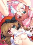  breasts brown_hair hat heterochromia lying medium_breasts mouth_hold multiple_girls room603 rozen_maiden shirt_lift siblings sisters souseiseki suiseiseki twins 