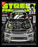  1girl 2021 alex_rsr arrow_(symbol) artist_name barcode car cover engine fake_magazine_cover highres long_hair magazine_cover motor_vehicle original pointing qr_code smile sparkle spoiler_(automobile) spot_color stance_(vehicle) toyota toyota_altezza turbocharger vehicle_focus 