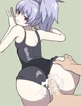  1girl anus ass ass_grab bent_over blue_hair censored clothed_sex cum cum_in_pussy cum_on_ass darker_than_black doggystyle grabbing_another's_ass groping hetero itsumo_nokoru looking_back one-piece_swimsuit penis pussy red_eyes sex solo_focus sweat swimsuit swimsuit_aside vaginal yin 