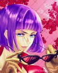  1girl belo_betty blue_eyes bob_cut close-up collared_shirt commentary_request detective_0414 flower gloves happy_birthday highres holding holding_removed_eyewear light_smile looking_at_viewer one_piece purple_hair red_shirt shirt short_hair solo twitter_username unworn_eyewear 
