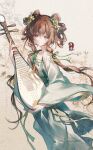  1girl blue_eyes brown_hair chinese_clothes chinese_text commission cone_hair_bun double-parted_bangs floating_hair floral_background floral_print flower green_hanfu hair_bun hair_flower hair_ornament hair_ribbon hanfu highres holding holding_instrument instrument long_hair long_sleeves looking_at_viewer low-tied_sidelocks original pipa_(instrument) ribbon sepia_background shito_neko_(zitonger) standing tress_ribbon updo very_long_hair 