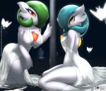  2022 ambiguous_gender anthro blush breasts chest_spike clothed clothing dress female gardevoir group hair hair_over_eye hi_res humanoid kneeling linna_(rilex_lenov) looking_at_viewer medium_breasts midori_(rilex_lenov) nintendo not_furry_focus one_eye_obstructed partially_submerged pok&eacute;mon pok&eacute;mon_(species) ribombee rilex_lenov shiny_pok&eacute;mon solo_focus spikes spikes_(anatomy) street_lamp video_games water 