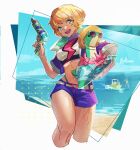  1boy 1girl alternate_costume apex_legends bangs breasts cropped_jacket highres holding holding_stuffed_toy holding_water_gun jacket medium_breasts midriff navel nessie_(respawn) octane_(apex_legends) open_mouth purple_jacket purple_shorts scar scar_on_cheek scar_on_face scar_on_stomach shorts smile solo_focus stuffed_toy thundergotch water_gun wattson_(apex_legends) 