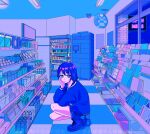  1980s_(style) 1girl 5_rebbeccas bangs black_hair boots checkered_floor convenience_store hair_between_eyes head_rest jacket letterman_jacket long_hair looking_at_viewer low_twintails purple_eyes retro_artstyle shop skirt smile squatting tamura_yuri twintails vaporwave watashi_ga_motenai_no_wa_dou_kangaetemo_omaera_ga_warui! 