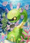  air_bubble animal_focus bubble commentary_request coral_reef cradily evolutionary_line finneon fish highres lileep luvdisc no_humans pokemon pokemon_(creature) underwater yamanashi_taiki yellow_eyes 