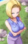  1girl absurdres alternate_costume android_18 blonde_hair blue_eyes breasts cleavage closed_mouth commentary_request denim dragon_ball dragon_ball_z earrings highres jeans jewelry kiteman442 looking_at_viewer medium_breasts outdoors pants short_hair solo standing 