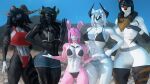  3d_(artwork) abs absurd_res anthro beach bikini bikini_bottom bikini_top black_body black_fur black_hair black_skin bovid canid canine canis caprine cervid clothing dark_body dark_fur dark_hair dark_skin digital_media_(artwork) fan_character female female/female fur goat group hair hi_res horn icarus_berrys_(ludexus) isis_deva_(ludexus) kivana_gundyr_(ludexus) lagomorph leporid long_ears ludexus mammal muscular muscular_anthro muscular_female navik_gundyr_(ludexus) pink_body pink_fur pink_hair rabbit seaside source_filmmaker swimwear taller_female tattoo white_body white_fur white_hair white_skin wolf zafy_takada_(ludexus) 