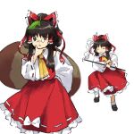  2girls animal_ears ascot bobby_socks bow brown_eyes closed_eyes cosplay detached_sleeves disguise frilled_skirt frills futatsuiwa_mamizou glasses gohei hair_bow hair_tubes hakurei_reimu hakurei_reimu_(cosplay) hand_on_own_chin kaigen_1025 lace-trimmed_sleeves lace_trim leaf leaf_on_head mary_janes multiple_girls nontraditional_miko raccoon_ears raccoon_tail rolling_sleeves_up shoes simple_background skirt socks tail touhou 