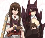  2girls akagi_(azur_lane) akagi_(kancolle) animal_ears azur_lane black_hair blush breasts brown_eyes brown_hair cleavage doll eyeshadow fingerless_gloves flight_deck fox_ears fox_tail gloves hakama hakama_skirt highres holding holding_doll japanese_clothes kantai_collection large_breasts long_hair looking_at_viewer makeup momijizuki_luna multiple_girls multiple_tails muneate namesake open_mouth partially_fingerless_gloves radio_antenna red_eyes red_eyeshadow skirt smile tail wide_sleeves 