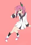  1girl black_socks breasts brown_eyes full_body highres looking_at_viewer original pink_background purple_hair saitoyu00 school_uniform serafuku side_ponytail simple_background smile socks solo 