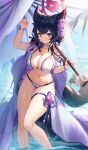  absurdres animal_ears bikini black_hair blue_archive breasts cleavage dripping highres large_breasts looking_at_viewer navel purple_eyes r1zen robe smile swimsuit tail thick_thighs thigh_strap thighs umbrella wakamo_(blue_archive) wet 