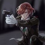  1boy aiming biting black_jacket black_pants black_vest blood blood_on_face blurry blurry_background brown_hair collared_shirt finger_on_trigger gloves green_necktie grey_eyes gun hair_over_one_eye holding holding_gun holding_weapon jacket kotobuki_reiji lip_biting looking_ahead male_focus necktie one_knee open_clothes open_jacket pants scowl shirt short_hair striped striped_vest torn_clothes two-handed upper_body uta_no_prince-sama v-shaped_eyebrows vertical-striped_vest vertical_stripes vest weapon white_gloves white_shirt xue_ezi 