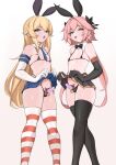  2boys :d :o absurdres animal_ears astolfo_(fate) bangs bare_shoulders bell bikini black_bikini black_bow black_bowtie black_gloves black_skirt black_thighhighs blonde_hair blue_eyes blue_necktie bow bowtie clothes_lift condom crossdressing crossover earrings elbow_gloves fake_animal_ears fate/grand_order fate_(series) gloves headband highres jewelry jingle_bell kantai_collection lamsass lifted_by_self long_hair looking_at_viewer multiple_boys necktie otoko_no_ko penis pink_eyes pink_hair rabbit_ears red_thighhighs shimakaze-kun shimakaze_(kancolle) simple_background skirt skirt_lift small_penis smile striped striped_legwear swimsuit thighhighs white_background white_gloves white_thighhighs 