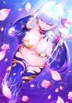  1girl absurdres armlet armor bangs bikini_armor blue_hair blush breasts cleavage collar earrings falling_petals fate/grand_order fate_(series) flower hair_ribbon highres jewelry kama_(fate) kama_(third_ascension)_(fate) large_breasts long_hair looking_at_viewer lotus metal_collar multicolored_hair navel niwatazumi petals petals_on_liquid red_eyes ribbon ripples sitting smile solo thighlet thighs tongue tongue_out two-tone_hair water wet white_hair 