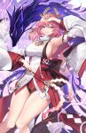  1girl absurdres arm_up bare_shoulders breasts collar detached_sleeves fox genshin_impact hair_ornament hand_to_forehead highres japanese_clothes large_breasts legs_together long_sleeves nasaniliu pink_hair purple_eyes shadow smile solo spirit thick_thighs thighs wand yae_miko 