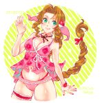  1girl 39cva aerith_gainsborough bangs bracelet braid braided_ponytail breasts brown_hair choker cleavage final_fantasy final_fantasy_vii flower green_eyes hair_flower hair_ornament hair_ribbon hand_up jewelry long_hair medium_breasts navel parted_bangs pink_ribbon pink_swimsuit ribbon sidelocks smile solo swimsuit thigh_strap thighs wavy_hair yellow_background 