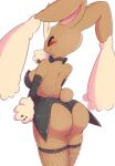  2019 anthro armwear big_butt black_sclera blush bow_tie breasts brown_body brown_fur bubble_butt bunny_costume butt clothing costume dorito_ru elbow_gloves exposed_back female fishnet fur gloves handwear hi_res lagomorph legwear leotard looking_at_viewer looking_back lopunny mammal nintendo open-back_leotard pok&eacute;mon pok&eacute;mon_(species) presenting presenting_hindquarters red_eyes side_boob simple_background smile solo thigh_highs video_games white_background 