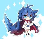  1girl :&lt; antenna_hair bangs blue_background blue_eyes blue_hair blush breasts cape chibi closed_mouth commentary_request dragon_girl dragon_horns dragon_tail drawstring full_body glavenus gradient_hair hair_between_eyes hair_ornament hairclip highres hood hood_down hoodie horns long_hair long_sleeves medium_breasts milkpanda monster_hunter_(series) multicolored_hair no_shoes personification red_cape red_hair short_eyebrows sleeves_past_fingers sleeves_past_wrists socks solo sparkle tail thick_eyebrows two-tone_background very_long_hair white_background white_hoodie 