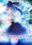  1girl bare_tree blue_eyes blue_hair bow cirno embellished_costume hair_bow highres ice ice_wings plant puffy_short_sleeves puffy_sleeves short_sleeves solo touhou tree wading water wings wiriam07 