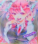  1girl bat_wings head_wings highres koakuma long_hair long_sleeves necktie open_mouth painting_(medium) pink_eyes pink_hair pointy_ears red_necktie shikishi shirt solo teeth touhou traditional_media watercolor_(medium) white_shirt wings yamazaki_tsukune 